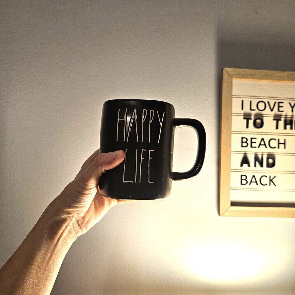 RAE DUNN Mug HAPPY LIFE Black ARTISAN Farmhouse 5" Tall Ceramic LL Embossed